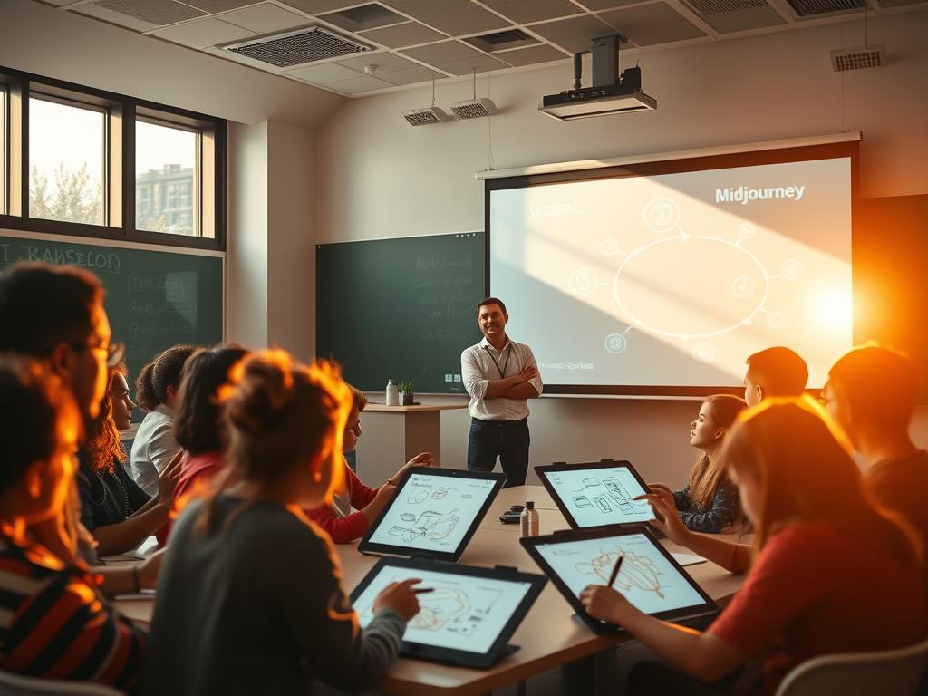 A classroom setting with students and teachers interacting with Midjourney-generated visuals projected on a large screen. The scene is bathed in warm, natural lighting filtering through large windows, creating a vibrant and engaging atmosphere. In the foreground, a diverse group of students are collaboratively brainstorming and sketching ideas on digital tablets, their faces filled with excitement and curiosity. In the middle ground, the teacher stands by the projection screen, guiding the lesson and demonstrating Midjourney's capabilities to enhance the educational experience. The background depicts a modern, well-equipped classroom with cutting-edge technology seamlessly integrated, reflecting the transformative potential of AI-powered tools in the educational domain.