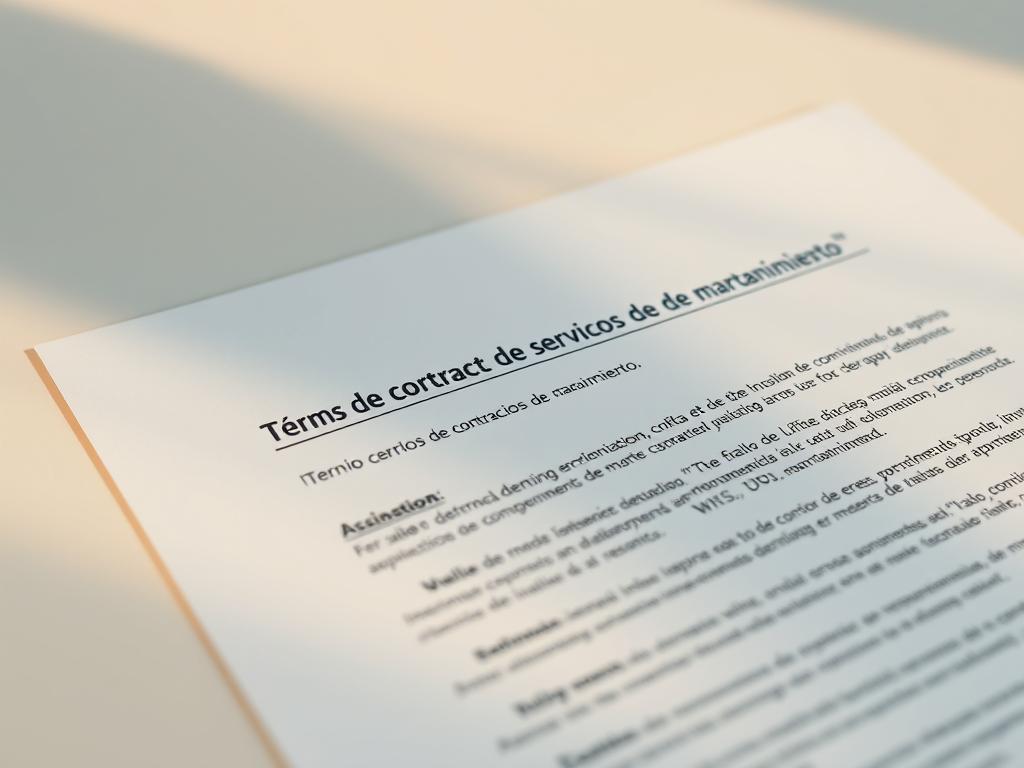 A close-up shot of a crisp, neatly organized contract document, its pages meticulously laid out on a minimalist, off-white desk. The text and typography are clear and legible, exuding a sense of professionalism and attention to detail. Warm, directional lighting casts subtle shadows, creating depth and emphasizing the tactile quality of the paper. The overall mood is one of formality, reliability, and attention to important legal and financial details, befitting the "Términos de contrato de servicios de mantenimiento" subject matter.