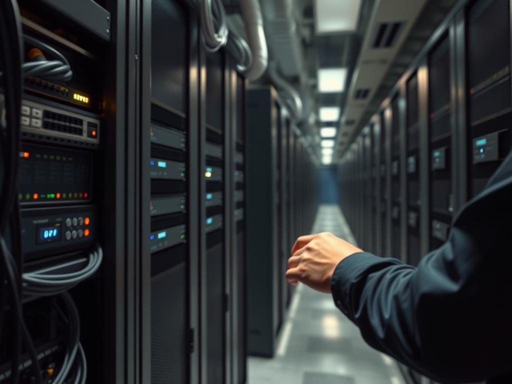 A close-up view of a modern data center server rack, its sleek metal chassis casting dramatic shadows under crisp, directional lighting. The foreground depicts intricate cabling, blinking status lights, and a network switch providing seamless connectivity. In the middle ground, a system administrator's hands deftly navigate the server's control panel, adjusting settings and monitoring performance metrics displayed on a high-resolution LCD screen. The background showcases the organized chaos of a well-maintained server room, with rows of identical racks stretching into the distance, creating a sense of scale and technical sophistication.