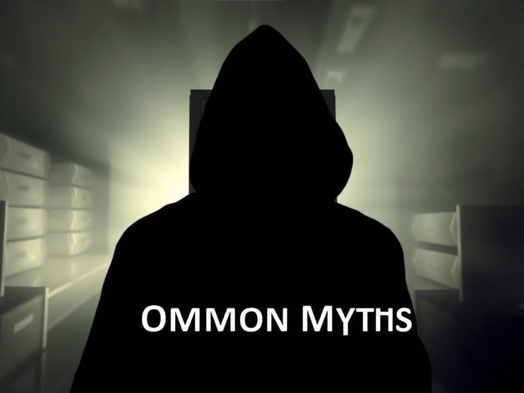 A dark, moody illustration of common myths surrounding dedicated hosting. A shadowy figure, representing misconceptions, looms in the foreground, casting an ominous presence. In the middle ground, a server rack stands resolute, conveying the reliability of dedicated hosting. The background is hazy, with faint silhouettes of devices and infrastructure, suggesting the complex landscape of hosting services. Dramatic backlighting from the server rack creates dramatic shadows, heightening the sense of mystery and uncertainty surrounding the myths. The overall atmosphere is one of dispelling the unknown, revealing the truth about the power and necessity of dedicated hosting for businesses.