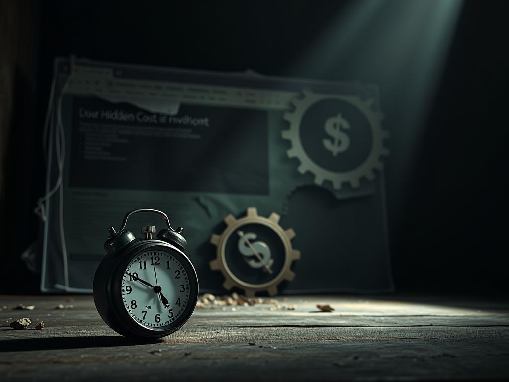 A dark, outdated website with crumbling, neglected edges and faded colors. In the foreground, a ticking time bomb sits ominously, its display flickering, representing the hidden costs of inaction. The middle ground features a broken gear mechanism, symbolizing the technical deterioration. In the background, a looming shadow of a large dollar sign, casting an ominous presence, hinting at the financial consequences of an unmaintained digital presence. The scene is illuminated by a harsh, unforgiving spotlight, creating a sense of urgency and impending doom. Moody, ominous tones and a sense of decay pervade the entire composition, emphasizing the dangers of neglecting website upkeep.