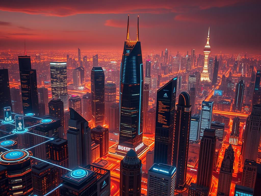 A futuristic cityscape bathed in warm, glowing hues. In the foreground, an intricate network of interconnected digital workflows, represented by sleek, holographic interfaces and animated data streams. The middle ground features towering skyscrapers with seamless, automated systems managing every aspect of business operations. In the background, a vibrant, neon-lit skyline that hints at the endless potential of advanced automation technologies. The scene conveys a sense of efficiency, innovation, and a future where human-machine collaboration redefines the nature of work.