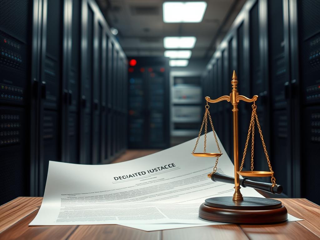 A legal document with a gavel and scales of justice, set against a backdrop of a dedicated server rack and data center infrastructure. The scene is illuminated by soft, directional lighting, casting dramatic shadows and highlighting the attention to detail. The overall mood conveys a sense of professionalism, authority, and the importance of legal compliance in the context of dedicated hosting services for online businesses.