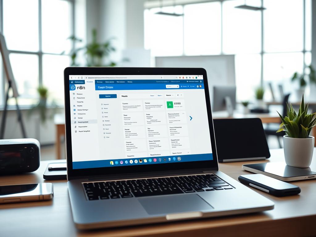 A modern and minimalist installation of the no-code automation platform n8n. In the foreground, a laptop display shows the n8n web interface, with clean lines and intuitive icons. The middle ground features a desk with various devices and accessories, including a smartphone, tablet, and a potted plant, creating a productive and organized workspace. The background showcases a bright, well-lit room with large windows, allowing natural light to flood the scene. The overall atmosphere conveys a sense of efficiency, technology, and seamless workflow integration, reflecting the purpose of the n8n software.