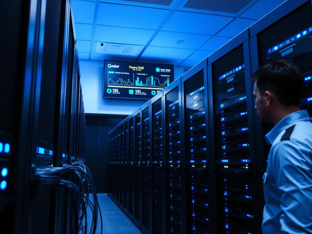 A modern server room with rows of sleek, black dedicated servers glowing with blue LED lights. The foreground features a person in a technical uniform connecting ethernet cables, while the middle ground shows a large server rack with blinking indicator lights. In the background, a wall-mounted display shows real-time system metrics and performance data. The lighting is cool and clinical, conveying a sense of efficiency and technological sophistication. The overall atmosphere evokes the feeling of upgrading to a powerful, enterprise-grade hosting solution.