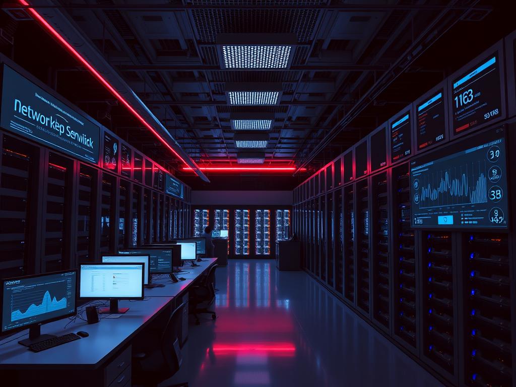 A modern web hosting company's office interior, featuring rows of server racks in a dimly lit, climate-controlled server room. Sleek, minimalist workstations line the perimeter, where technicians monitor system performance. Subtle neon accent lighting casts a cool, futuristic glow, while large display screens showcase network analytics and service uptime. The scene conveys a sense of efficiency, reliability, and the behind-the-scenes infrastructure powering today's digital landscape.