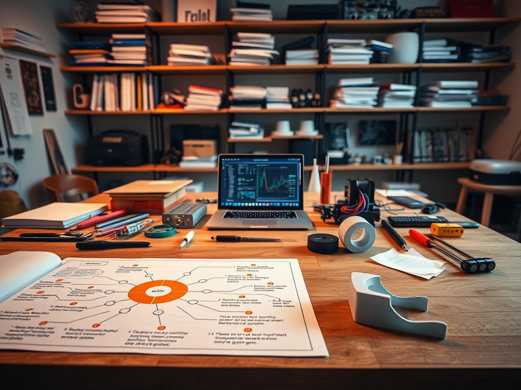 A neatly organized workspace with an array of tools and materials scattered across a sturdy wooden table. In the foreground, a diagram or flowchart depicting various problem-solving strategies, rendered in vivid colors and clean lines. The middle ground showcases a laptop displaying design schematics, alongside a 3D-printed prototype part. In the background, shelves filled with technical manuals, electronic components, and other maker essentials, all bathed in warm, diffused lighting that creates a focused, problem-solving atmosphere. The overall scene conveys a sense of methodical, step-by-step approach to tackling challenges in a professional make project.