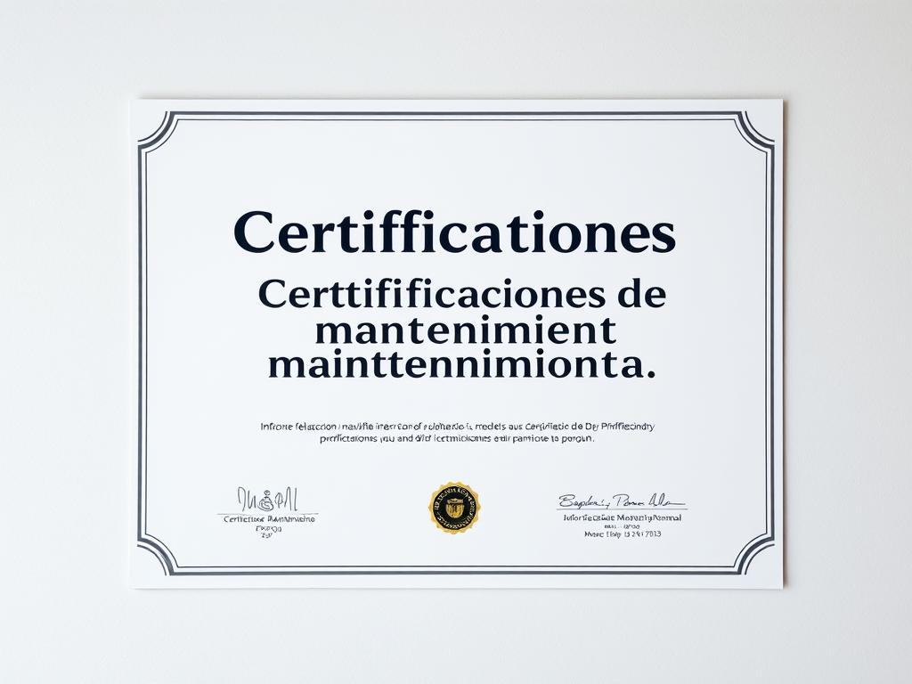A professional-looking certificate with a bold title "Certificaciones de mantenimiento profesional" prominently displayed in the center. The certificate is set against a clean, minimalist background, perhaps a subtle gradient or a muted, textured pattern. The certificate should convey a sense of authority, legitimacy, and attention to detail, reflecting the expertise and high standards of the maintenance service. The overall composition should be balanced and visually appealing, with the certificate positioned to draw the viewer's eye and attention.
