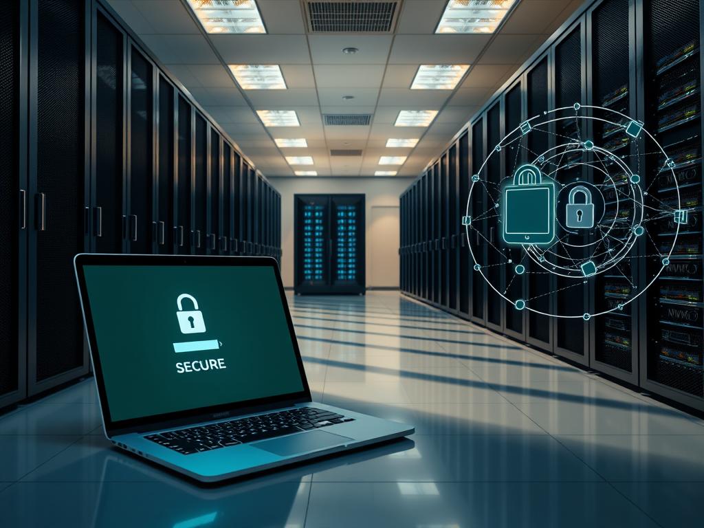 A secure data center with sleek, modern servers arranged in orderly rows, casting long shadows under bright, directional lighting. In the foreground, a laptop display showcases a secure login screen, guarded by biometric security measures. The middle ground features a rack of high-performance NVMe drives, their status indicators glowing softly. In the background, a holographic display depicts intricate cybersecurity protocols, visualizing the multi-layered safeguards protecting the dedicated hosting environment. The overall atmosphere conveys a sense of reliability, resilience, and state-of-the-art security befitting a premium hosting solution.