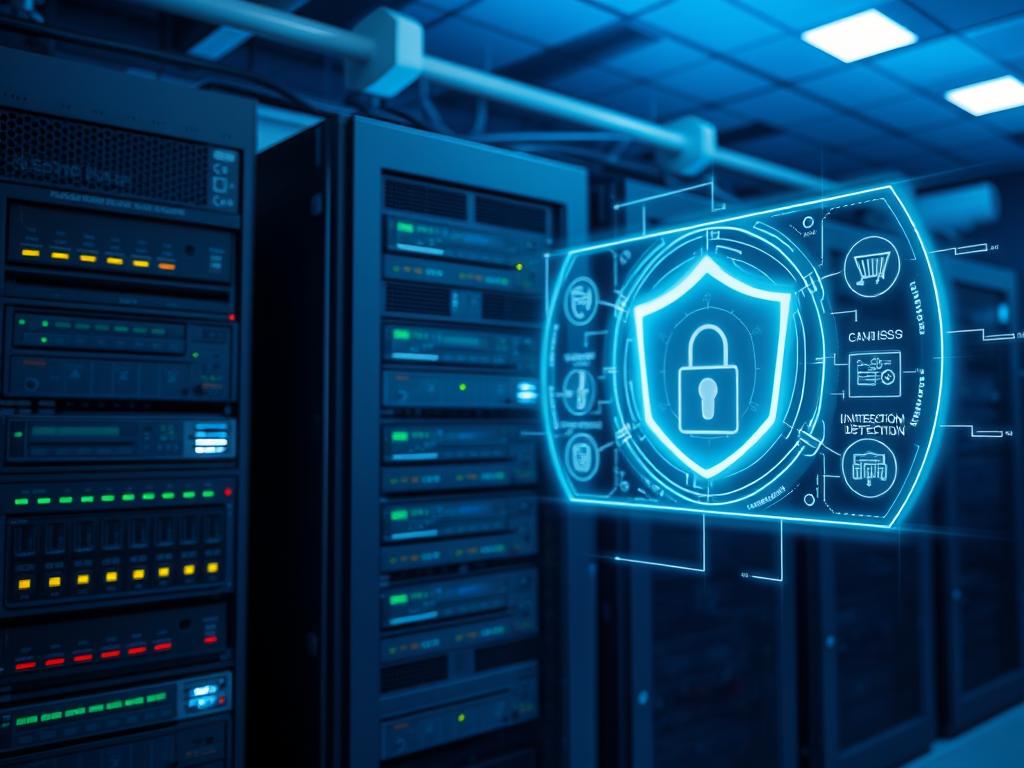 A secure dedicated server with advanced cybersecurity measures, situated in a modern data center. A server rack with multiple high-performance hardware components, protected by robust access controls and surveillance systems. In the foreground, a glowing holographic display showcases real-time security analytics, intrusion detection, and threat mitigation protocols. Soft blue lighting creates a serene yet vigilant atmosphere, while strategic camera angles capture the server's sleek, formidable design. The overall scene conveys a sense of unwavering digital fortification, assuring the safety and reliability of mission-critical ecommerce operations.