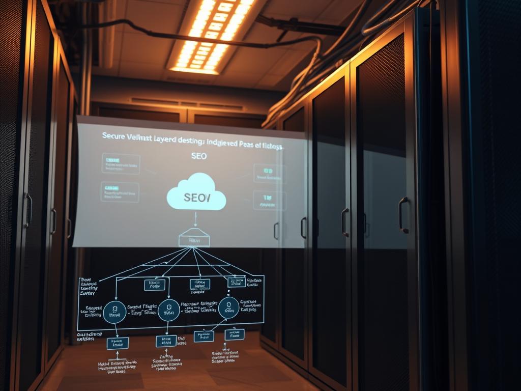 A secure, well-maintained dedicated server stands proudly, its sleek black casing gleaming under warm, diffused lighting. The server room is tidy and organized, with clean cables and state-of-the-art cooling systems ensuring optimal performance. In the foreground, a network diagram is projected onto a wall, illustrating the secure configuration and layered defenses protecting the server's data and infrastructure. The atmosphere conveys a sense of reliability, control, and peace of mind, reflecting the enhanced security and SEO benefits of a dedicated hosting solution.