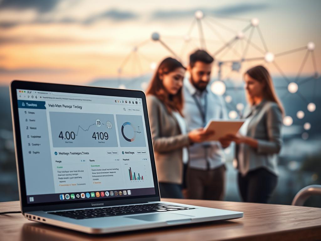 A serene digital landscape showcasing the integration of web maintenance into a comprehensive digital strategy. In the foreground, a laptop displays a well-organized dashboard, reflecting the seamless management of website updates and optimizations. The middle ground features a team of digital experts collaborating, their expressions focused and determined. In the background, a network of interconnected devices and digital touchpoints symbolize the holistic nature of the strategy. Warm, ambient lighting sets a tone of professionalism and efficiency, while a subtle depth of field emphasizes the importance of this integrated approach to web maintenance.