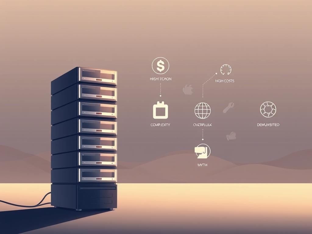 A serene, minimalist illustration depicting common misconceptions about dedicated WordPress hosting. In the foreground, a stack of servers stands tall, their metallic surfaces gleaming under soft, indirect lighting. In the middle ground, abstract shapes and icons symbolize common myths like high costs, complexity, and overkill - these are gently deconstructed and demystified. The background features a muted, gradient-based landscape, creating a sense of depth and tranquility. The overall mood is one of clarity and enlightenment, guiding the viewer to a better understanding of the true benefits of dedicated hosting for WordPress.