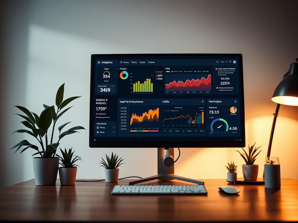 A serene office scene with a large computer monitor showcasing a web analytics dashboard. The display features colorful charts, graphs, and metrics tracking website performance, user engagement, and traffic patterns. The monitor is positioned on a minimalist wooden desk, surrounded by a few potted plants and tasteful decor. Warm, indirect lighting casts a soft glow, creating a contemplative, focused atmosphere. The camera angle is slightly elevated, providing a comprehensive view of the setup. The overall impression conveys the importance of continuous web performance monitoring for effective website maintenance.
