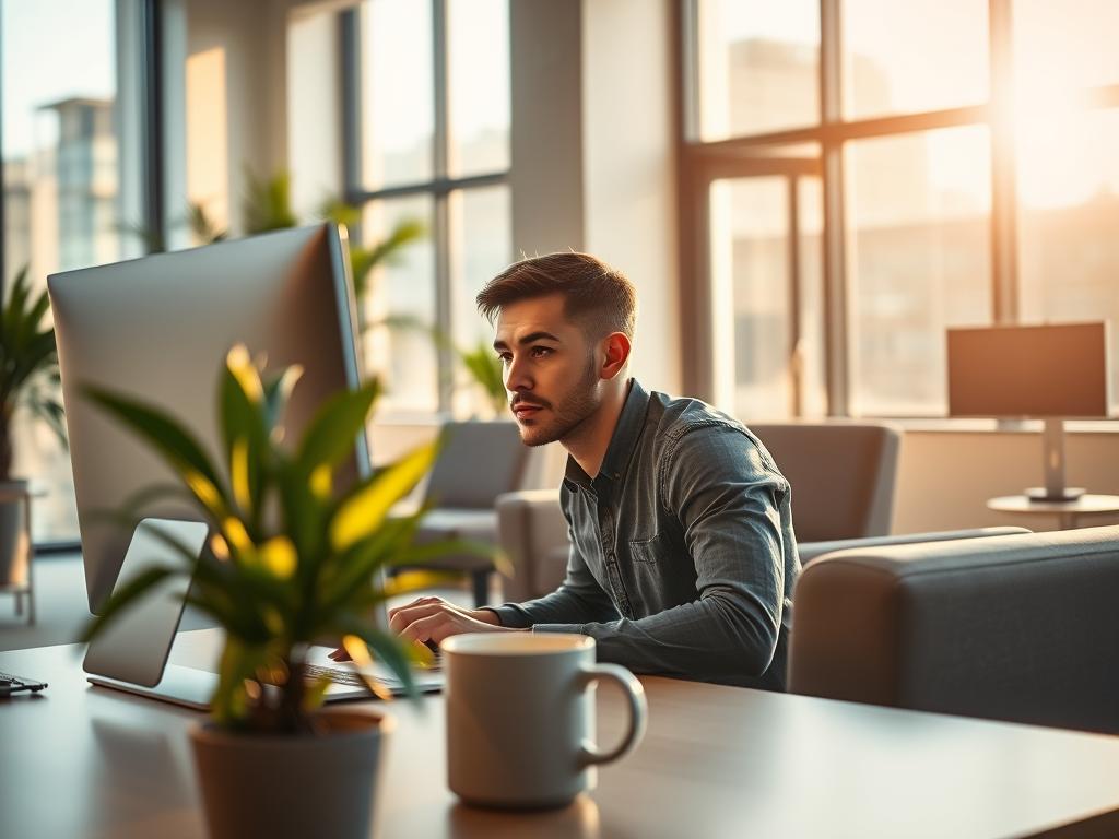 A serene office scene with a web developer intently focused on their computer screen, surrounded by sleek, modern furnishings. The room is bathed in warm, natural lighting that filters through large windows, creating a sense of openness and collaboration. In the foreground, a potted plant and a mug of coffee suggest a comfortable, productive work environment. The developer's expression conveys deep concentration, underscoring the importance of clear, effective communication in maintaining a well-functioning website. The overall atmosphere evokes a sense of professionalism and attention to detail, reflecting the core values of a high-quality web maintenance service.