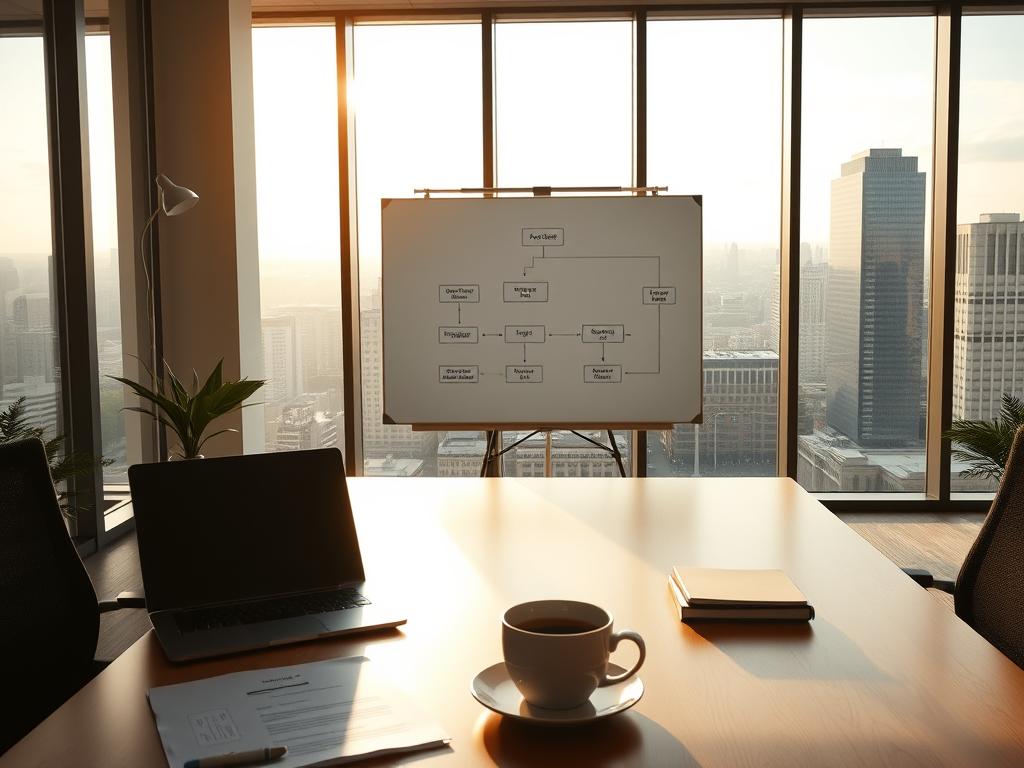 A serene office setting, bathed in warm, natural lighting. In the foreground, a desk with a laptop, papers, and a cup of coffee, signifying the implementation of a conversational AI agent. In the middle ground, a whiteboard displays a diagram outlining the agent's architecture and integration points. The background features floor-to-ceiling windows, providing a panoramic view of a bustling city skyline, conveying a sense of innovation and progress. The overall mood is one of focused productivity and technological advancement, reflecting the recommendations for implementing the new AI agent.