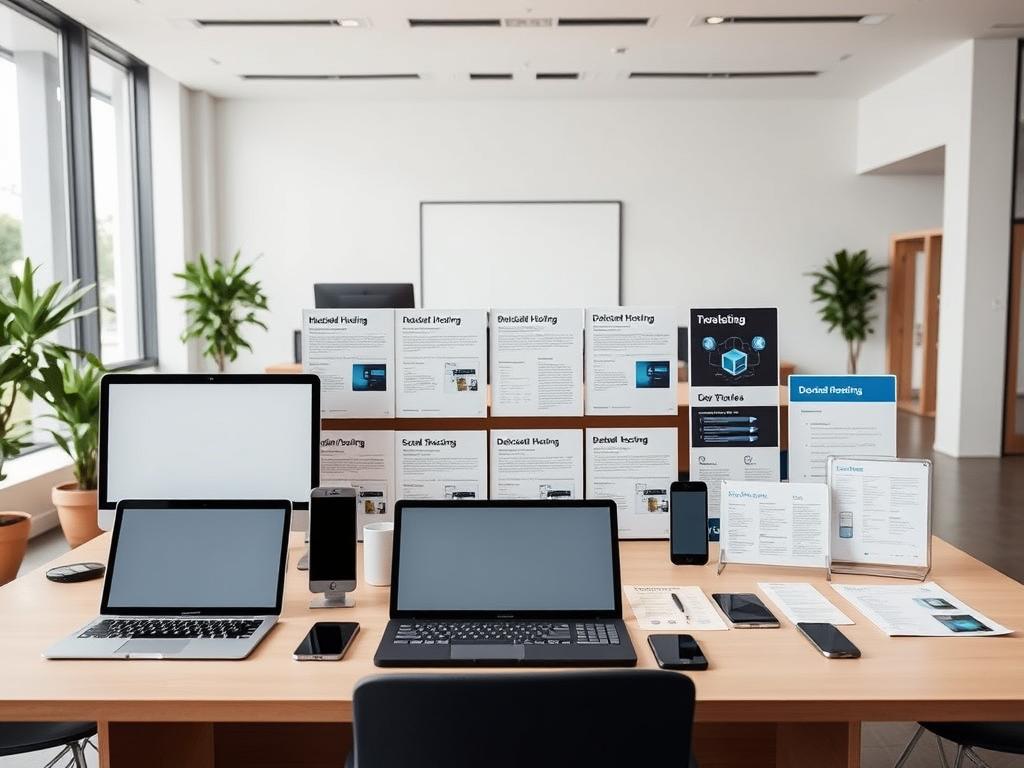 A serene office setting showcasing a thoughtful selection of dedicated hosting providers. In the foreground, a stylish desk displays several minimalist laptop computers, tablets, and smartphones, symbolizing the advanced technology required for a robust online presence. The middle ground features a well-organized display of hosting service brochures, pamphlets, and comparison charts, inviting the viewer to explore their options. The background depicts a clean, modern workspace with large windows, allowing natural light to flood the scene and create a sense of professionalism and clarity. The overall atmosphere conveys a refined, well-researched approach to choosing the ideal dedicated hosting solution for a thriving digital business.
