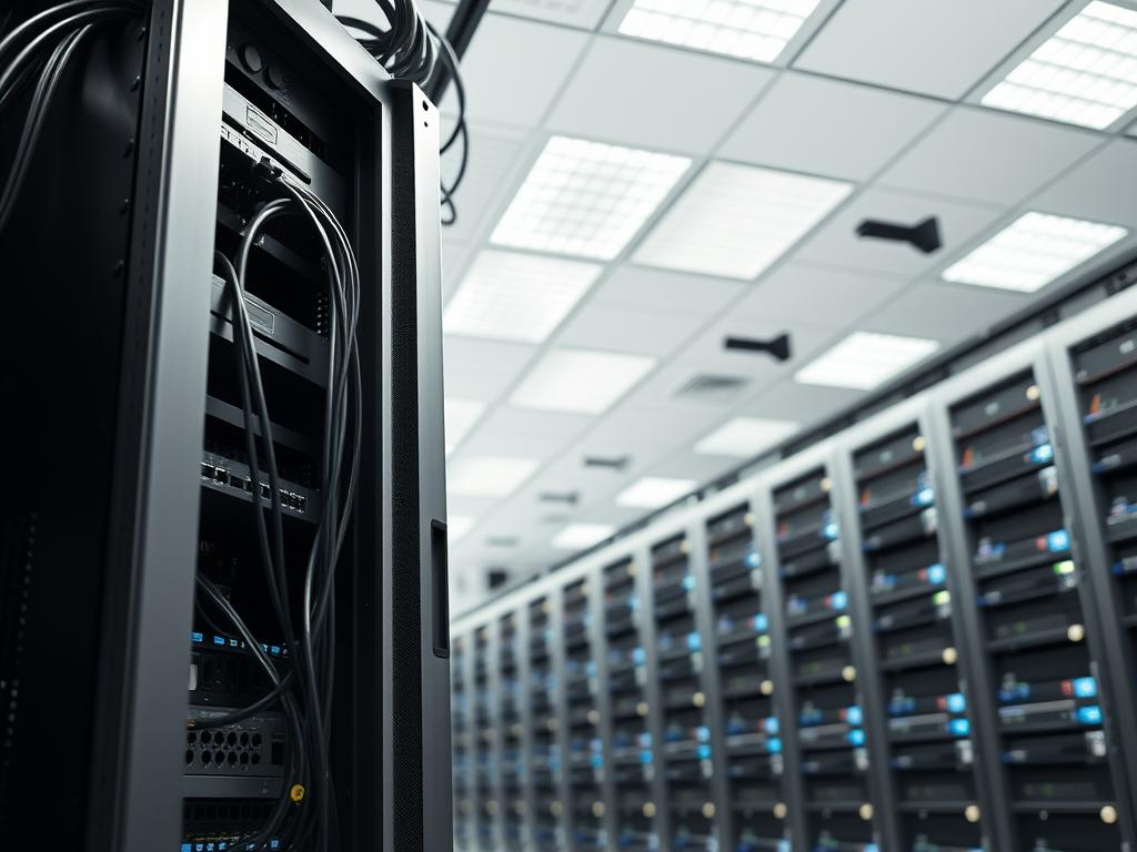A server rack in a modern, well-lit data center. The server tower in the foreground has a sleek, metallic design with intricate cable management. The middle ground shows network switches, routers, and monitoring equipment neatly arranged. In the background, rows of identical server towers create a sense of scale and technical sophistication. The lighting is bright and even, accentuating the clean, professional atmosphere. The camera angle is slightly elevated, providing a comprehensive view of the dedicated hosting configuration. The overall impression conveys a high-performance, secure, and meticulously organized enterprise-level hosting environment.