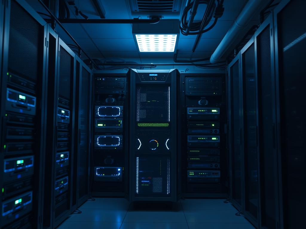 A server rack situated in a dimly lit server room, with soft blue and green accent lights illuminating the various components. The rack features multiple dedicated servers of varying sizes, each with its own blinking indicator lights and busy cooling fans. The room's atmosphere is one of quiet efficiency, with a sense of power and scalability. The servers are arranged in a clean, organized manner, hinting at the flexibility and adaptability of this setup. A single, powerful server stands prominently in the center, ready to handle increased workloads and accommodate future growth. The image conveys the idea of a reliable, scalable, and customizable server infrastructure.