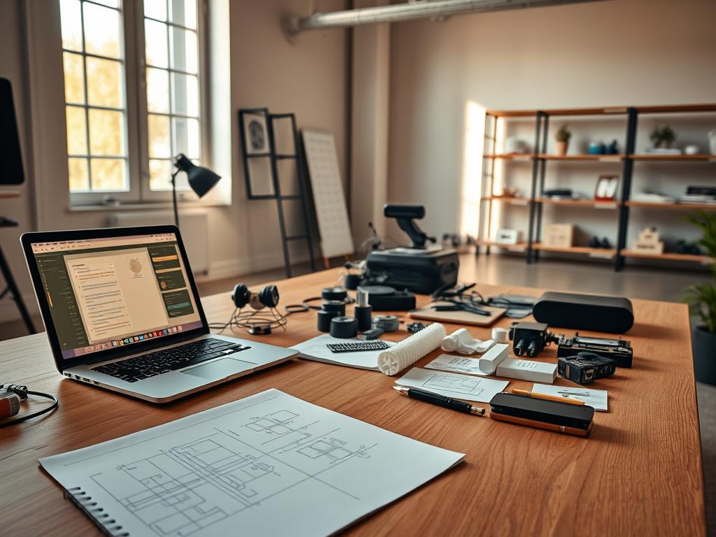 A sleek and modern workspace, with a laptop, sketchpad, and an array of tools and materials arranged neatly on a minimalist wooden desk. Warm, directional lighting from a large window casts a gentle glow, creating a focused and productive atmosphere. In the foreground, a Gantt chart or project management software displayed on the laptop screen, showcasing the intricacies of time management for a "Make" project. The middle ground features 3D-printed prototypes, hand-sketched designs, and a collection of various components, hinting at the creative process. The background depicts a clean, airy studio space, with shelves displaying finished "Make" projects, inspiring the viewer to embark on their own unique and professional creations.