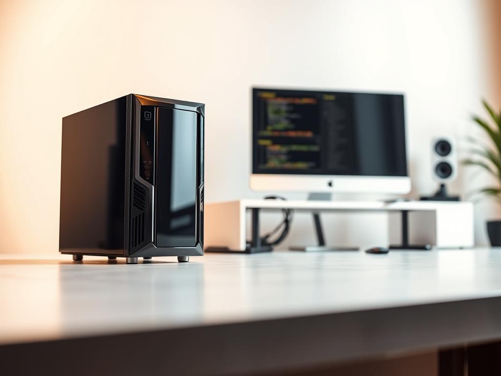 A sleek, customized dedicated server showcased in a sophisticated, minimalist setting. In the foreground, the server hardware is prominently displayed, its glossy black exterior gleaming under warm, directional lighting. The midground features a clean, uncluttered workspace, with a modern monitor and peripherals complementing the server's streamlined design. The background is a softly blurred, neutral-toned environment, emphasizing the server's central focus. The overall scene conveys a sense of power, flexibility, and technological prowess, reflecting the ability to personalize and optimize a dedicated hosting solution.