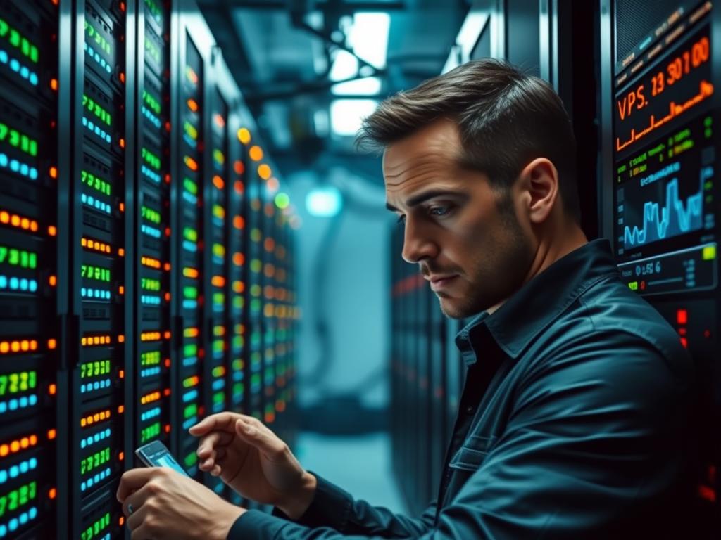 A sleek data center with rows of gleaming server racks, their LED lights blinking in a rhythmic dance. In the foreground, a system administrator examines a server, brow furrowed in concentration, while behind them, a VPS control panel displays performance metrics and resource allocation. The scene is bathed in a cool, industrial lighting, conveying the precise, technical nature of dedicated server and VPS management. The background fades into a hazy network of cables and networking equipment, hinting at the complex infrastructure that powers these virtualized and dedicated computing solutions.