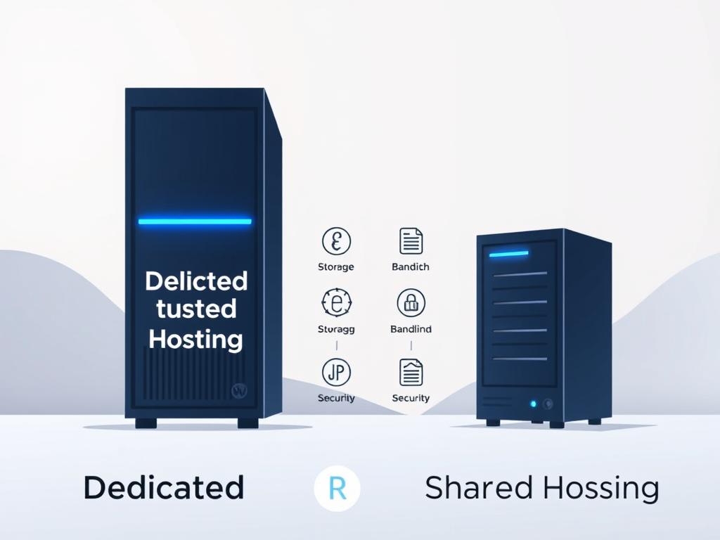 A sleek, minimalist illustration contrasting dedicated and shared hosting options for WordPress. In the foreground, two server towers stand side-by-side, one labeled "Dedicated Hosting" and the other "Shared Hosting". The dedicated server is larger and more robust, with a glowing blue accent, while the shared server is smaller and more modest. In the middle ground, simplified icons represent key features like storage, bandwidth, and security. The background is a soft, gradient-based environment, creating a sense of depth and focus on the central hosting comparison. The overall aesthetic is clean, modern, and informative, guiding the viewer's attention to the core differences between these two popular WordPress hosting solutions.