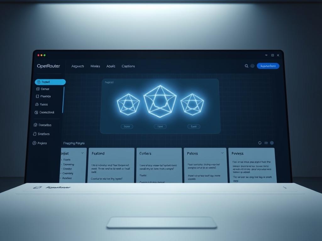 A sleek, minimalist interface showcasing a series of frequently asked questions about the OpenRouter AI models. The foreground features a clean, intuitive dashboard with neatly organized sections and icons, conveying a sense of professionalism and user-friendliness. The middle ground depicts a trio of AI model visualizations, each represented by a stylized geometric shape glowing with an ethereal light. The background subtly hints at the technological prowess of the OpenRouter platform, with a subtle grid pattern and a soft, gradient-based color palette that evokes a sense of innovation and sophistication. Crisp, directional lighting illuminates the scene, creating depth and drama, while a slightly low camera angle lends an authoritative, confidence-inspiring perspective.