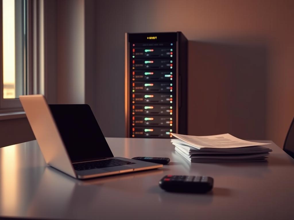 A sleek, minimalist office desk with a laptop, calculator, and stack of documents, bathed in warm, directional lighting from a large window. In the background, a server rack stands prominently, its LED indicators glowing softly. The scene conveys a sense of focused productivity, where the cost considerations of managing a dedicated server are the central concern. The overall mood is one of professional deliberation, with subtle visual cues hinting at the complexities involved in understanding the true expenses of enterprise-grade hosting.