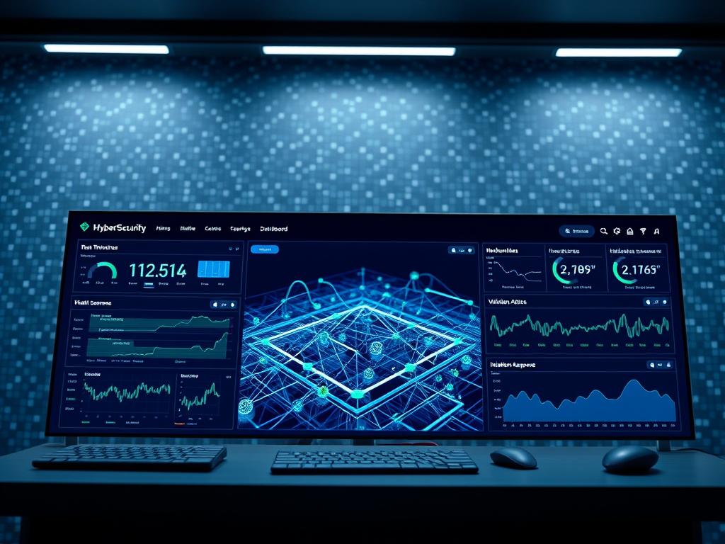 A sleek, modern cybersecurity web interface. In the foreground, a series of intuitive, minimalist security dashboards and controls, showcasing real-time threat monitoring, vulnerability assessment, and incident response capabilities. In the middle ground, a three-dimensional visualization of network traffic and potential attack vectors, rendered in shades of blue and green. The background features a subtly patterned backdrop of abstract digital elements, conveying a sense of technology, connectivity, and the unseen complexities of the online world. The lighting is clean and directional, highlighting the key interface elements. The camera angle is slightly elevated, providing an authoritative, professional perspective. The overall mood is one of confidence, security, and technological sophistication.