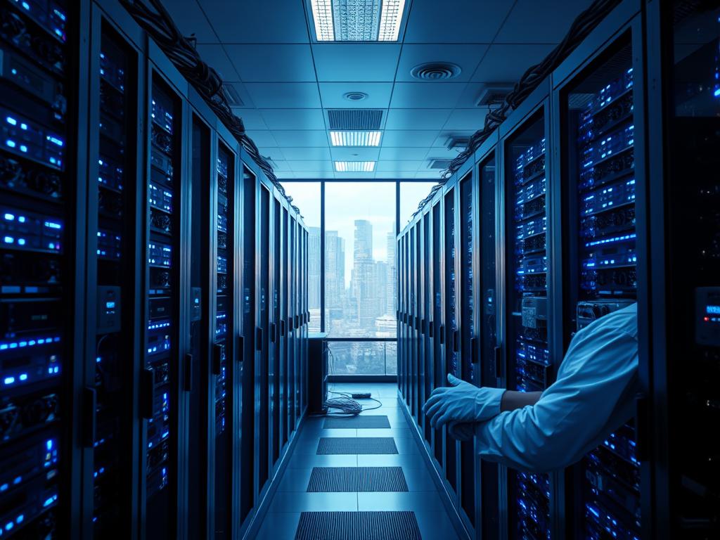 A sleek, modern data center with rows of gleaming server racks, bathed in cool blue lighting. In the foreground, a technician in a crisp, professional uniform confidently monitors the systems, showcasing their expertise. The middle ground features an array of networking equipment, cables, and cooling systems, all seamlessly integrated. In the background, a cityscape can be seen through large windows, conveying a sense of reliability and connectivity. The overall scene exudes a sense of technological prowess, efficiency, and trustworthiness - the ideal image for a "Proveedor de servidor dedicado" providing reliable and secure hosting solutions.