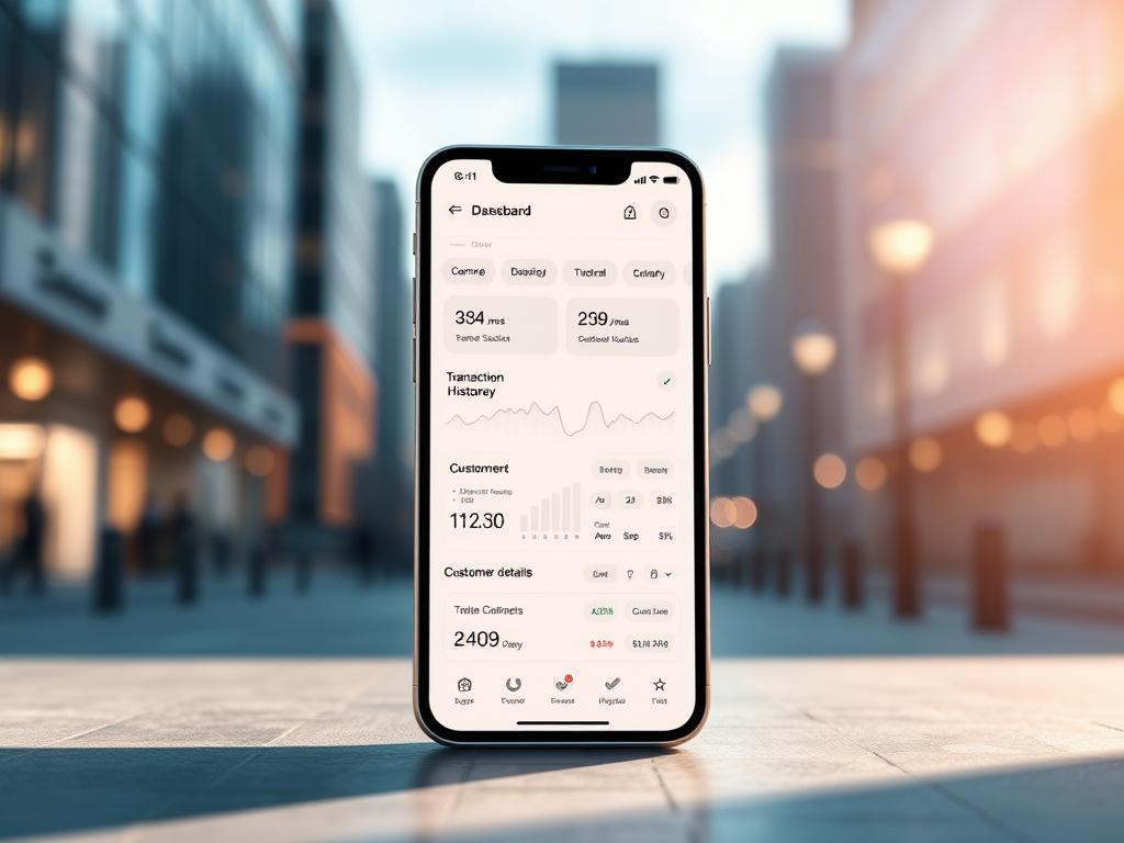 A sleek, modern mobile application interface showcasing a minimalistic sales dashboard. The foreground features a stylized smartphone display with a clean, intuitive layout highlighting key sales metrics, transaction history, and customer details. The middle ground depicts a simplified 3D render of the mobile device, casting soft shadows and reflecting the ambient lighting. In the background, a blurred cityscape scene conveys a sense of a bustling commercial environment. The overall aesthetic is characterized by a sophisticated color palette, refined typography, and a balanced composition that communicates professionalism and functionality, perfectly suited for a mobile sales application.