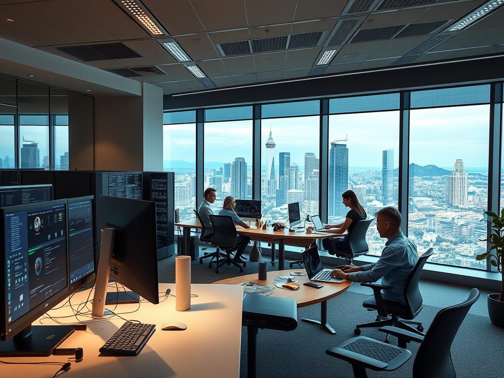 A sleek, modern office environment showcasing real-world use cases of dedicated hosting for businesses. The foreground features a stylized desktop setup with a powerful workstation, high-resolution monitors, and an array of productivity tools. In the middle ground, employees collaborate on projects, leveraging the reliable performance and secure infrastructure of their dedicated server. The background depicts a panoramic cityscape, conveying the scale and sophistication of the enterprise-level solutions enabled by this hosting technology. Soft, directional lighting from large windows creates a professional, polished atmosphere, while the camera angle suggests an elevated, bird's-eye perspective to emphasize the comprehensive nature of the use cases.