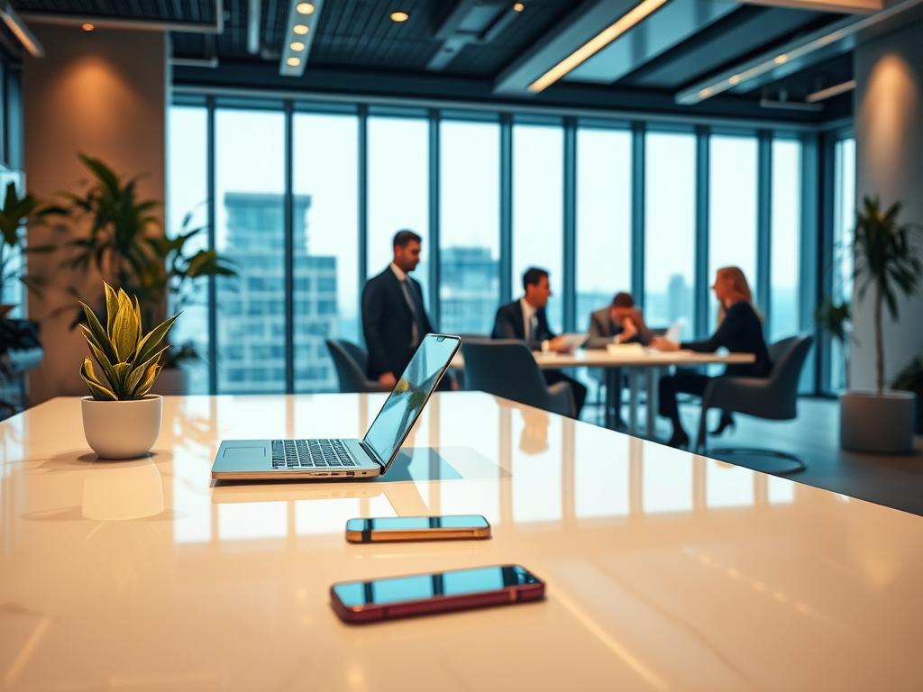 A sleek, modern office interior with a focus on business growth and dedicated hosting. The foreground features a glossy desk with a laptop, smartphone, and a potted plant, conveying a professional, technology-driven workspace. The middle ground showcases a team of businesspeople collaborating around a large conference table, their expressions animated as they discuss strategies for expanding the company. The background is filled with floor-to-ceiling windows, allowing natural light to flood the space and create a sense of openness and possibility. The lighting is warm and subtle, creating a productive, yet inspiring atmosphere. The camera angle is slightly elevated, providing a panoramic view of the bustling, yet efficient office environment.