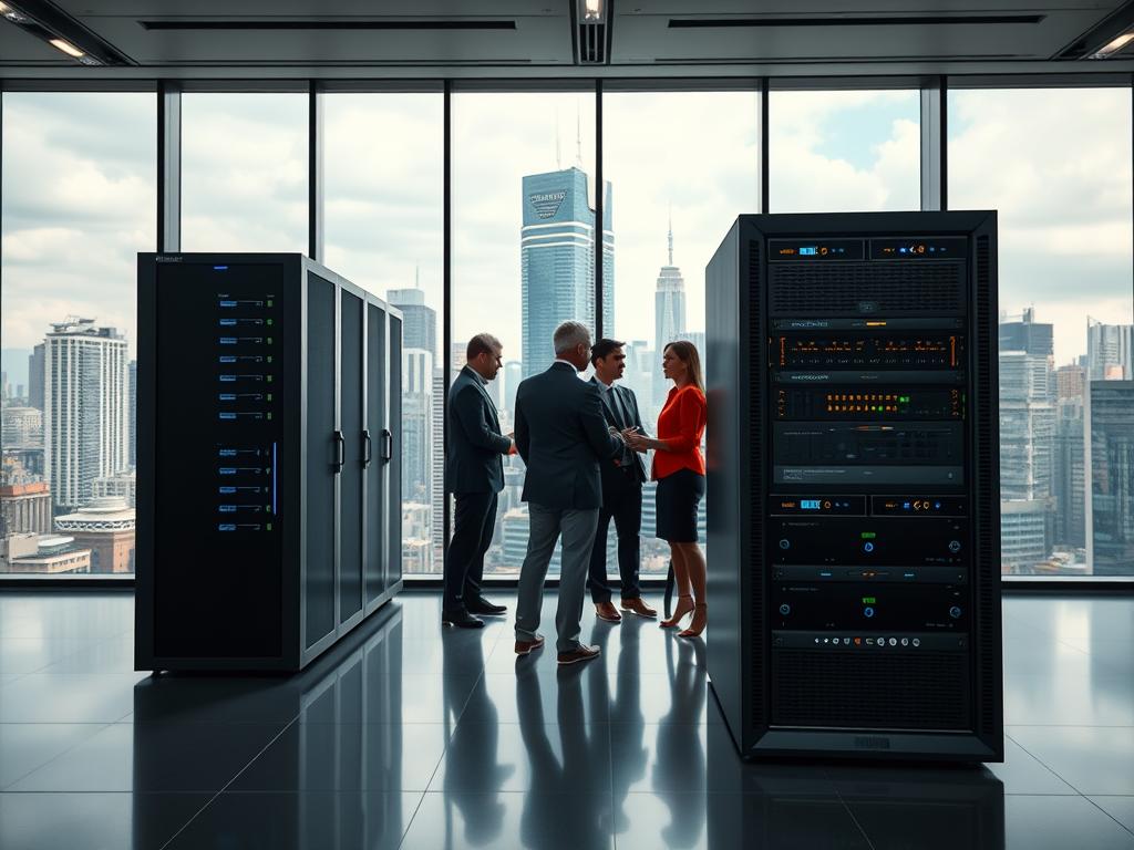 A sleek, modern office setting with a focus on a dedicated server rack. The foreground showcases the server hardware, with clean lines, metallic finishes, and LED indicator lights. In the middle ground, a team of professionals in business attire stands around the server, discussing and interacting with the technology. The background features floor-to-ceiling windows, providing a panoramic view of a bustling urban skyline, conveying a sense of power, technology, and enterprise. The lighting is crisp and directional, highlighting the server's features and the team's engagement. The overall atmosphere is one of efficiency, innovation, and the power of dedicated hosting for businesses.
