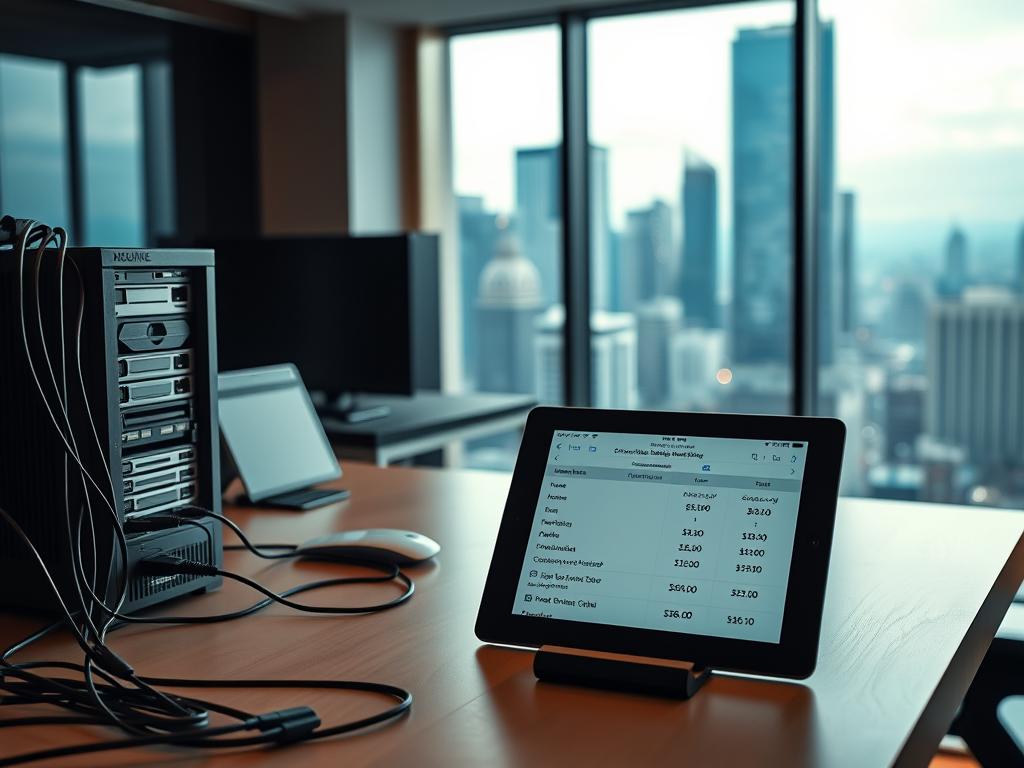 A sleek, modern office setting with a focus on dedicated hosting costs. In the foreground, a sophisticated desktop computer setup with various networking equipment and cables. In the middle ground, a minimalist desk with a tablet displaying detailed cost breakdowns and comparisons. The background features a large window overlooking a bustling cityscape, conveying a sense of scale and the importance of this decision. The lighting is warm and inviting, creating a professional atmosphere. The overall composition suggests the careful consideration required when evaluating the costs and benefits of dedicated hosting for a growing business.