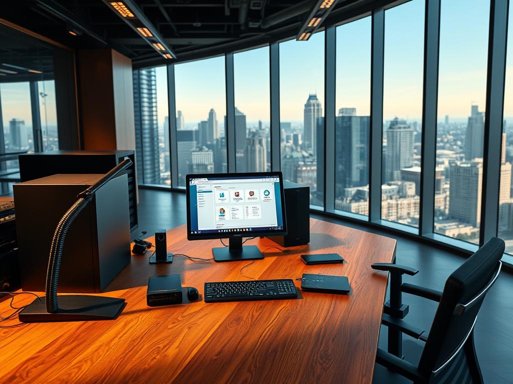 A sleek, modern office setting with a large wooden desk showcasing various hosting infrastructure components. In the foreground, a sophisticated desktop computer, server hardware, and networking equipment are prominently displayed, hinting at the technical capabilities of the dedicated hosting provider. The middle ground features a tablet or laptop displaying a web interface for managing the hosting services, emphasizing the user-friendly control panel. The background depicts floor-to-ceiling windows overlooking a bustling cityscape, conveying a sense of professionalism and industry expertise. Warm, directional lighting casts dramatic shadows, creating a visually striking and authoritative atmosphere befitting a reputable dedicated hosting service.