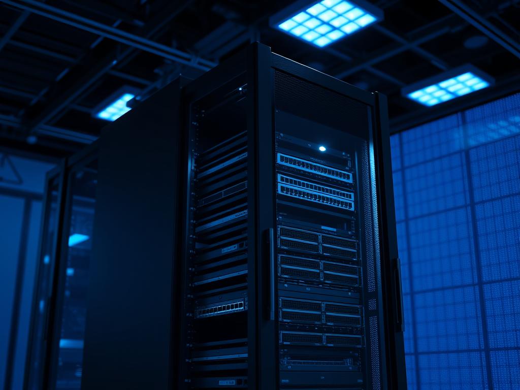 A sleek, modern server rack situated in a dimly lit data center, bathed in a soft blue hue from overhead lighting. The server blades and network switches inside the rack are visible through the tempered glass panel, showcasing their intricate internal components. The background is filled with a subtle grid-like pattern, hinting at the complex infrastructure and connectivity powering the dedicated hosting resources. The overall scene conveys a sense of power, efficiency, and technological sophistication, perfectly encapsulating the additional computing capacity needed to handle high web traffic and resource-intensive applications.