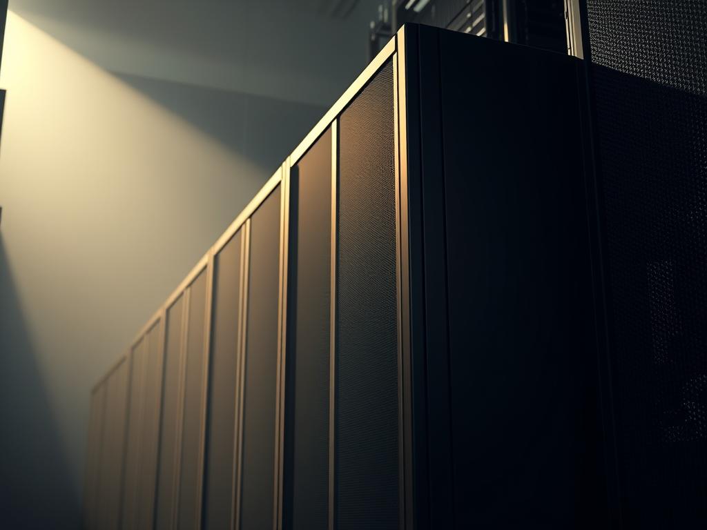 A sleek, modern server rack standing tall in a dimly lit, industrial-style data center. The server's chassis gleams with a metallic sheen, conveying a sense of power and reliability. Soft, warm lighting illuminates the scene, casting subtle shadows and highlights that accentuate the server's clean lines and robust construction. The background is a hazy, muted palette of grays and blues, creating a sense of depth and focus on the central server. The overall atmosphere is one of professionalism, security, and unwavering dependability - the perfect embodiment of a "dedicated hosting server for high-reliability hosting."