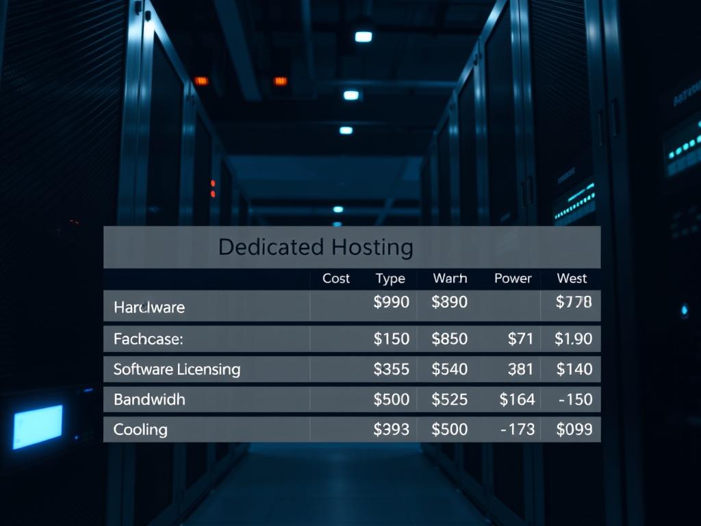 A sleek, modern server rack stands in a dimly lit data center. The brushed metal chassis and blinking indicator lights suggest the powerful computing hardware within. In the foreground, a detailed cost breakdown lays out the various expenses associated with dedicated hosting, including server hardware, software licensing, bandwidth, power, and cooling. The layout is clean and organized, with clear labels and numerical figures. The overall scene conveys the serious and professional nature of enterprise-level hosting infrastructure, underscoring the importance of carefully considering the financial implications when choosing a dedicated hosting solution.
