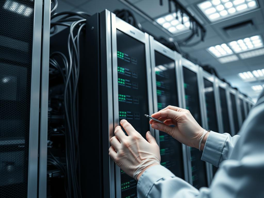 A sleek, modern server rack stands in a well-lit data center, its metallic panels gleaming under precise overhead lighting. Cables and networking equipment are neatly organized, conveying a sense of order and technical proficiency. In the foreground, a technician's hands carefully apply security updates to the server's operating system, their movements deliberate and focused. The overall scene exudes a sense of diligence, attention to detail, and a commitment to maintaining the highest levels of digital security for the dedicated hosting environment.