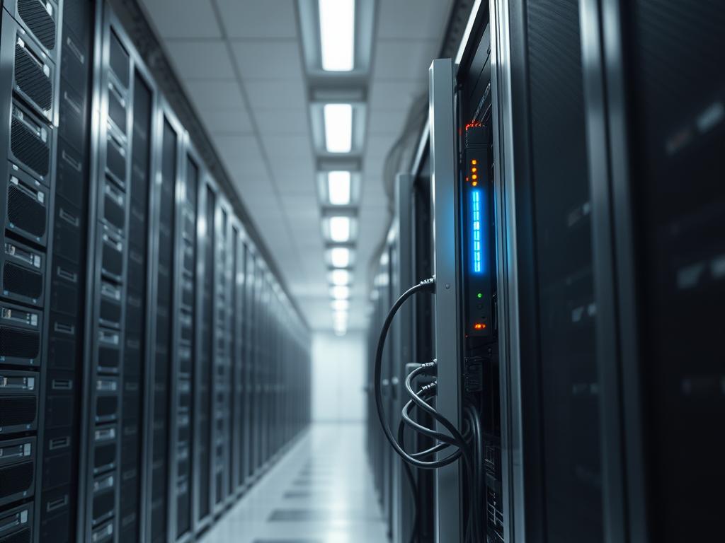 A sleek, modern server rack stands in a well-lit data center, its metallic panels gleaming under focused lighting. Cables snake through cable trays, connecting the server to a network switch and power supply. The server's status indicators blink steadily, conveying a sense of reliable performance. In the background, a grid of other server racks stretches out, creating an organized, professional atmosphere. The scene exudes a sense of technical expertise and sophisticated infrastructure, perfectly encapsulating the concept of "Gestión de Servidor Dedicado" - the management and administration of a dedicated server environment.