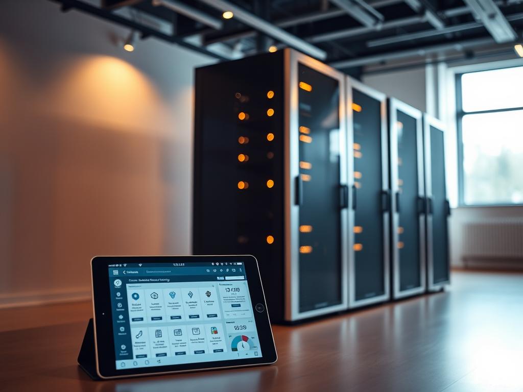 A sleek, modern server rack stands in a well-lit, minimalist office space. The rack's brushed steel exterior gleams under warm, diffused lighting, suggesting advanced cooling and power systems. In the foreground, a tablet displays a web interface, showcasing the intuitive management tools for the dedicated hosting service. The background features clean, neutral-toned walls, hinting at the secure, enterprise-grade infrastructure that powers the hosting solution. The overall atmosphere conveys professionalism, reliability, and attention to detail - key attributes for a high-performance, dedicated ecommerce hosting provider.