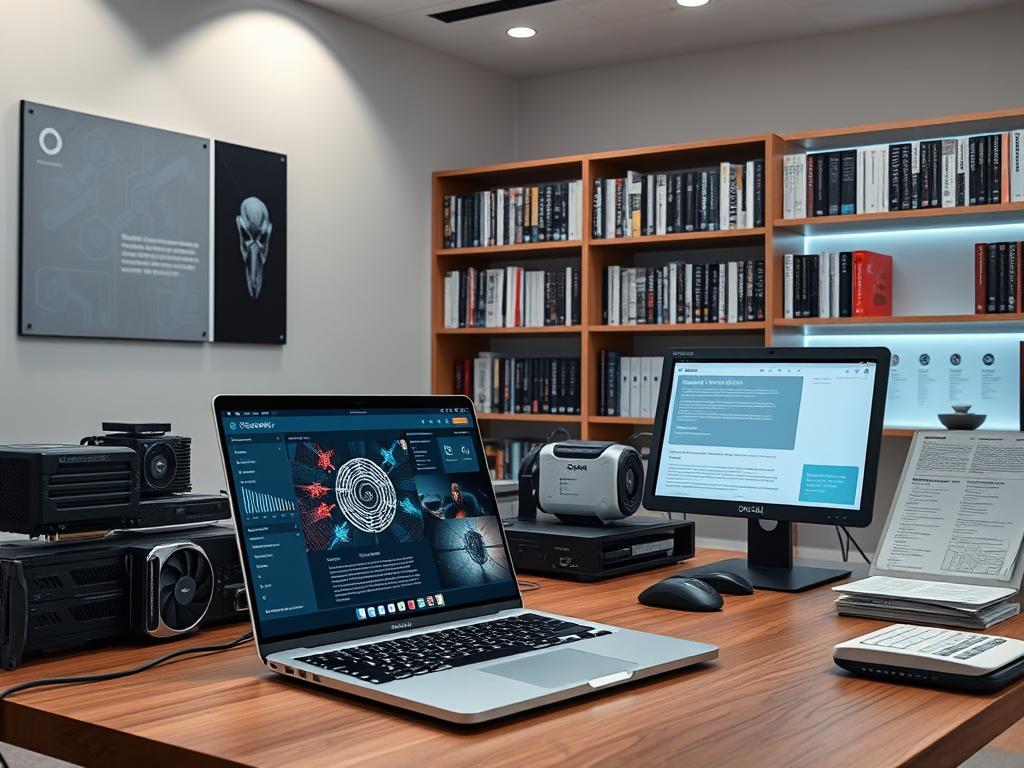 A sleek, modern workspace showcasing the rich resources of OpenAI's machine learning ecosystem. In the foreground, a stylish laptop displays elegant visualizations and interactive demos. Surrounding it, an array of cutting-edge hardware components, from GPUs to specialized AI chips, gleam under focused lighting. In the middle ground, neatly organized bookshelves and digital displays present a curated selection of OpenAI's comprehensive tutorials, research papers, and community forums. The background features a minimalist, tech-inspired setting with clean lines and a neutral color palette, conveying a sense of focus and innovation. The overall scene radiates an atmosphere of technological sophistication and educational resources for the modern AI enthusiast.