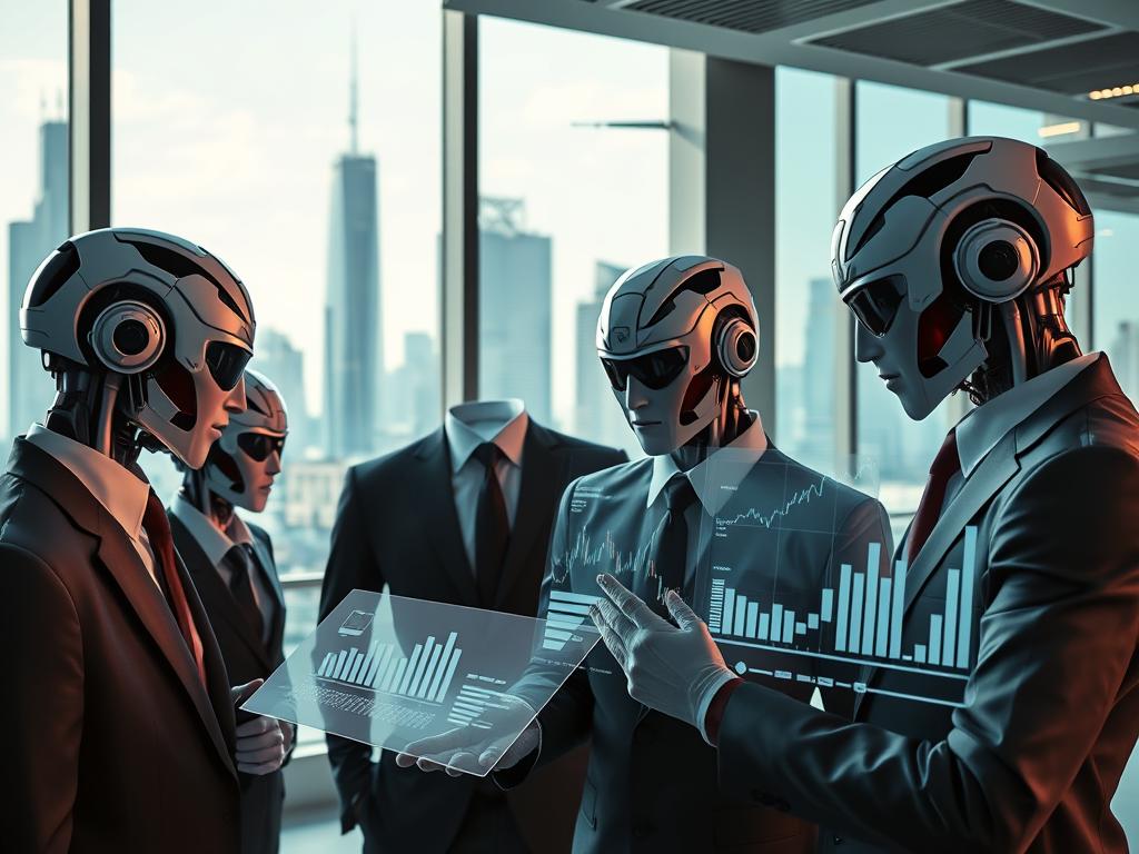 A team of AI agents, dressed in formal business attire, engaged in financial analysis tasks. In the foreground, they are studying charts and graphs on holographic displays, immersed in deep concentration. The middle ground features a sleek, futuristic office environment with minimalist decor and abundant natural light. In the background, a cityscape of towering skyscrapers and advanced infrastructure creates a dynamic, technologically-advanced atmosphere. Soft, directional lighting casts dramatic shadows, adding depth and dimension to the scene. The overall mood is one of efficiency, innovation, and the seamless integration of AI technology into the world of finance.