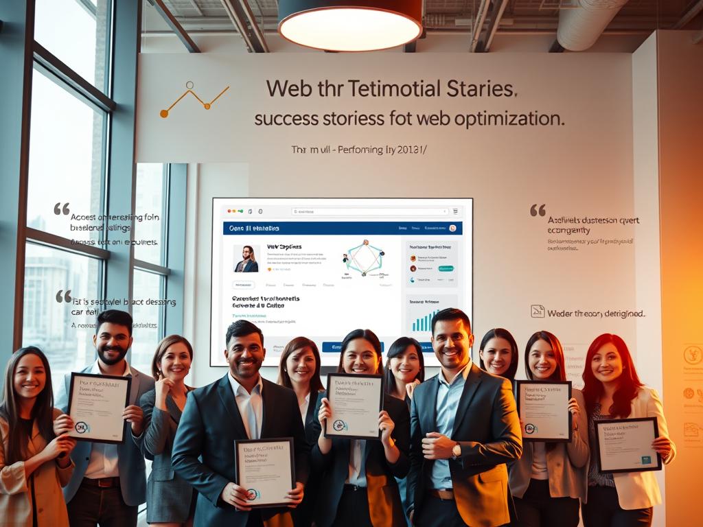 A testimonial wall showcasing the success stories of web optimization. In the foreground, a group of smiling business owners, managers, and IT professionals, each holding a framed certificate or award. The middle ground features a stylish, minimalist web browser window displaying positive reviews and data visualizations. In the background, a sleek, modern office space with large windows, providing a sense of professionalism and achievement. Warm, natural lighting illuminates the scene, creating a welcoming and inspiring atmosphere. The composition emphasizes the collaborative and impactful nature of web optimization, conveying a sense of empowerment and growth.