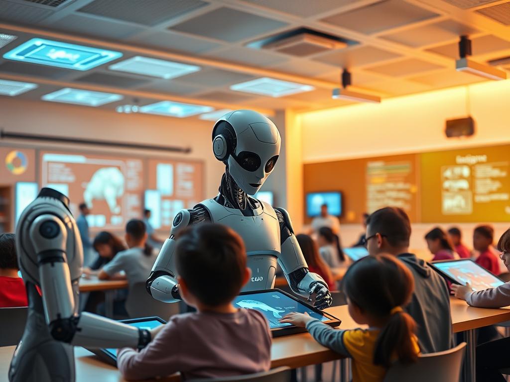 A vibrant classroom scene depicting AI agents transforming education. In the foreground, a humanoid AI assistant interacts with a group of attentive students, guiding them through interactive learning exercises on sleek touchscreen devices. In the middle ground, other AI agents monitor student progress, adjusting lesson plans and providing personalized feedback. The background showcases a state-of-the-art, technologically-advanced classroom, with holographic displays, voice-activated controls, and an overall atmosphere of innovation and exploration. Warm, diffused lighting creates a welcoming and immersive environment, as the AI agents seamlessly integrate technology with the educational experience.