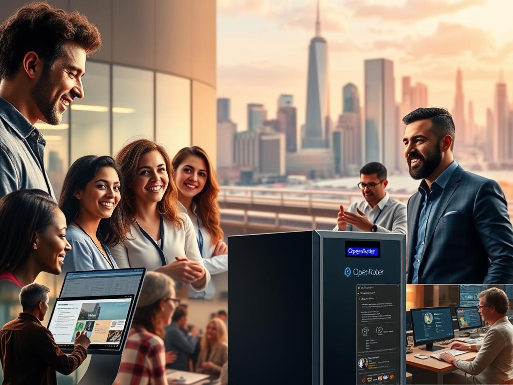 A vibrant collage showcasing the real-world experiences of OpenRouter users. In the foreground, a diverse group of individuals interacting with digital interfaces, their expressions reflecting wonder, satisfaction, and a sense of empowerment. The middle ground features a sleek, modern office setting, with OpenRouter's sleek hardware and software prominently displayed. In the background, a cityscape with towering skyscrapers, symbolizing the scale and reach of OpenRouter's AI-powered services. Warm lighting casts a welcoming glow, and the overall composition conveys a sense of innovation, collaboration, and the transformative impact of OpenRouter on its users.