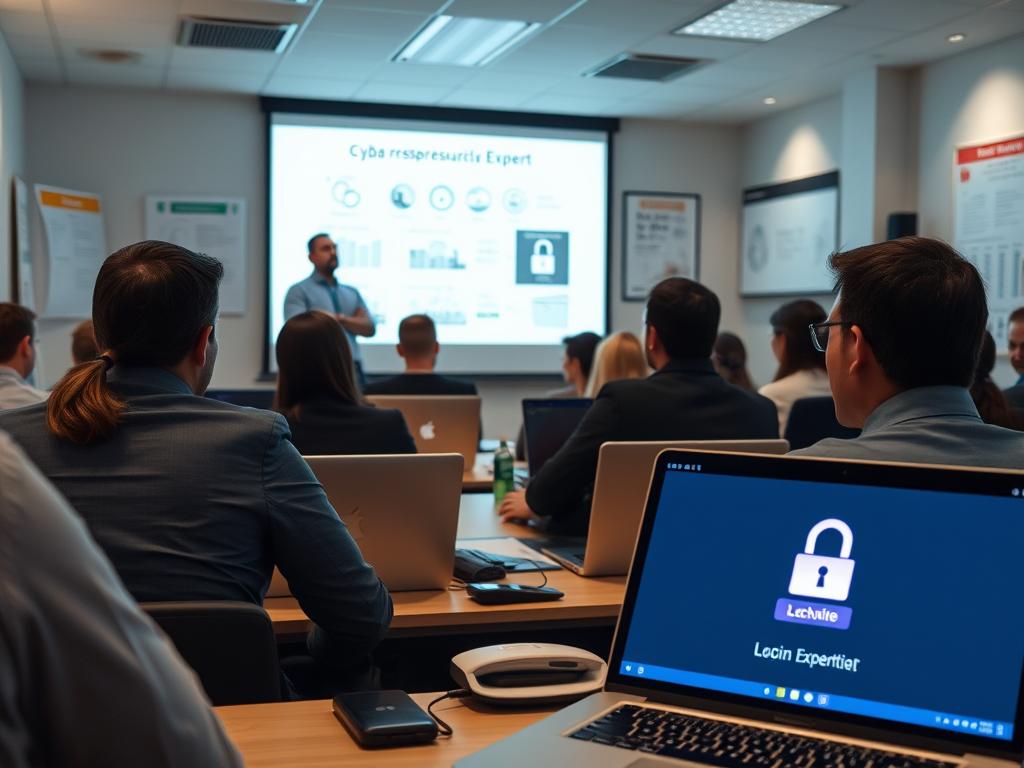 A well-lit classroom setting, employees intently focused on their laptop screens as a cybersecurity expert presents information on a large projection screen. The walls are adorned with informative posters and diagrams related to online safety and data protection. Soft, diffused lighting illuminates the scene, creating a professional and educational atmosphere. The employees wear business casual attire, their expressions conveying a mix of engagement and concentration. In the foreground, a laptop displays a secure login screen, symbolizing the importance of cybersecurity training for the workforce.