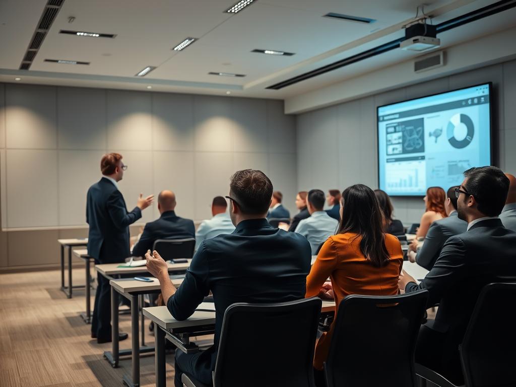 A well-lit classroom setting, with a group of professionals seated at desks, intently focused on a training session. In the foreground, a certified instructor stands at the front, gesturing animatedly as they present technical information on a large display screen. The middle ground features the trainees, a diverse group of men and women, taking notes and engaging in discussions. The background showcases modern, minimalist decor, conveying a sense of professionalism and attention to detail. Soft, directional lighting illuminates the scene, creating a warm and inviting atmosphere conducive to learning and skill development.